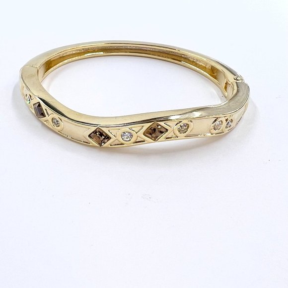 Brown & Clear Gemstone Gold Tone Hinged Cuff Magnetic Closure Bracelet - Picture 2 of 6